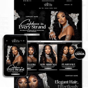 Hair Website Design, Hair Website Template, Lace Wig Website, Hair Extensions Website, Hair Branding, Hair Banners, Hair Canva Website