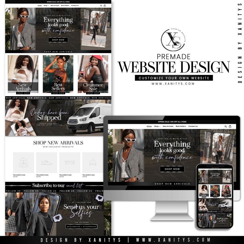 Clothing Website design for the Shopify platform. Shopify Theme for clothing Websites and businesses. Black and silver-themed website design with African American women model photos included.