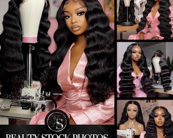 May include: A woman with long, black, wavy hair wearing a pink satin dress. The hair is styled in a loose wave and is parted on the side. The woman is looking at the camera. The image is a stock photo for beauty products.