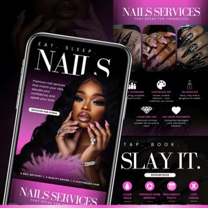 May include: A smartphone screen displays nail services information. The screen features the word "NAILS" in large white letters, a photo of a woman, and text promoting nail services. Additional images showcase nail art designs and services.