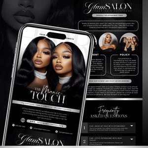 May include: A smartphone displays a Glam Salon advertisement. The screen shows two women with long, dark hair, promoting wig, tape-in, and microlink extensions. Text includes "The Manic Touch" and website information. The background is black and white.