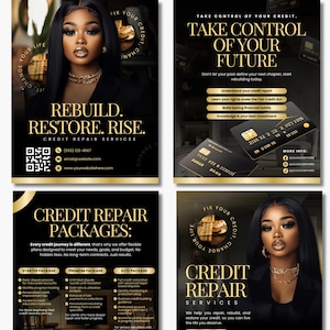 Puede incluir: Un conjunto de cuatro folletos promocionales para servicios de reparación de crédito. Los folletos presentan a una mujer con cabello negro largo y joyas de oro. El texto incluye "Reconstruir. Restaurar. Ascender." y "Servicios de reparación de crédito."