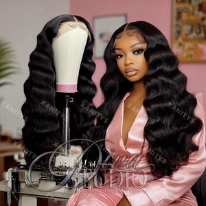 May include: A black human hair wig with loose waves, styled in a glamorous look. The wig is displayed on a mannequin head and a person wearing the wig is also shown. The wig is styled in a deep side part with the waves cascading down the shoulders.