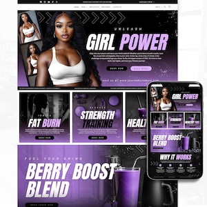 May include: Website design with a purple and black theme. The main image features a woman in a white top, with the text "GIRL POWER." Other sections promote "FAT BURN," "STRENGTH TRAINING," and "BERRY BOOST BLEND." A smartphone displays the website.