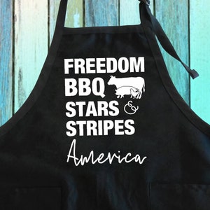 Freedom BBQ Stars And Stripes Funny Unisex Apron w/ Pocket| July 4th Happy 4th of July Party Gift Cooking Grill Apron Gift Full-Length Apron