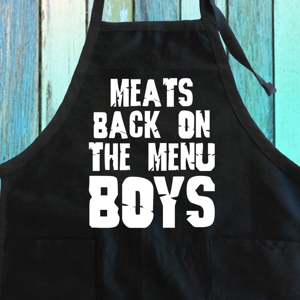Meats Back On The Menu Boys Funny Cooking Apron w/ Pocket| What A Cunning Boy You Are Joke Gift Apron| Menu Boys Grilling Kitchen Chef Apron