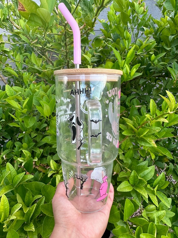 Halloween 32oz Tumbler, Friend Gift, Tumbler With Handle Sleve and and  Straw, Travel Cup, Pink Glass Cup 