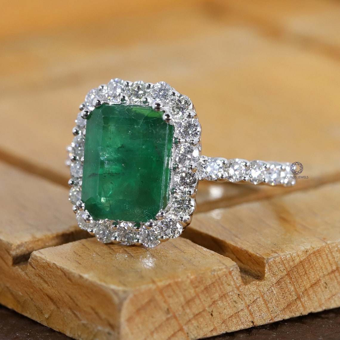 Natural Emerald Ring/ Round Lab-Grown Diamond Ring/ 14K White | Etsy