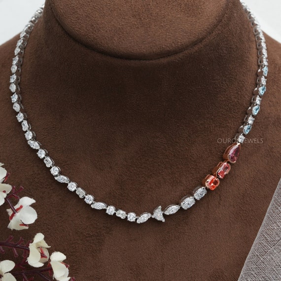 Five Spaced Multi Shape Diamond Tennis Necklace – Alev Jewelry