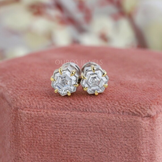 14K White Gold Hexagon Frame Solitaire Diamond Stud Earrings