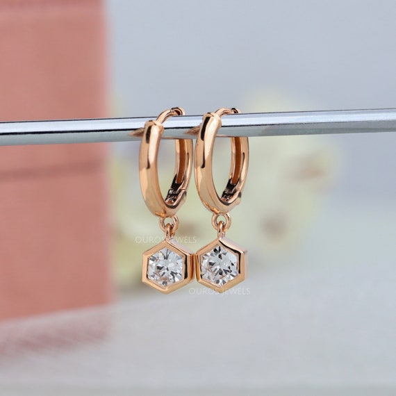 Diamond Huggie Hoop Bazel Set Earrings Lab Grown Hexagon Diamond