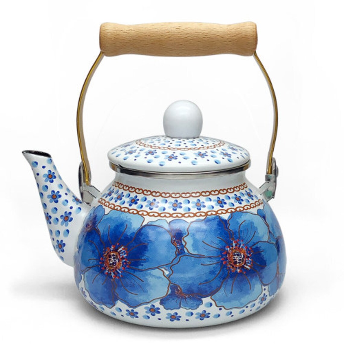 Kettle Retro Hibiscus Blue Tea Kettle with Wooden Handle for Etsy
