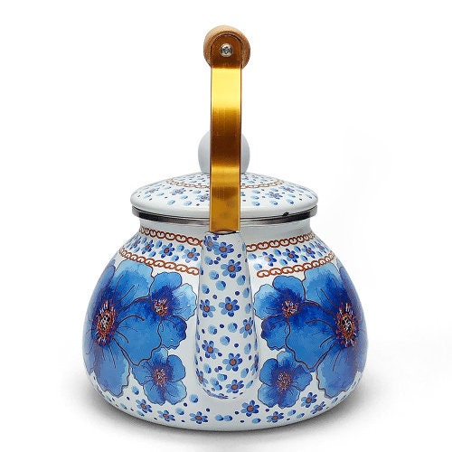 Kettle Retro Hibiscus Blue Tea Kettle with Wooden Handle for Etsy