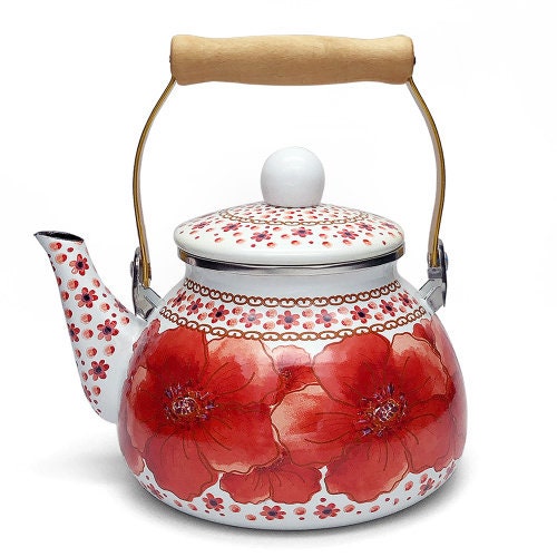 Kettle Retro Hibiscus Red Tea Kettle with Wooden Handle for Etsy