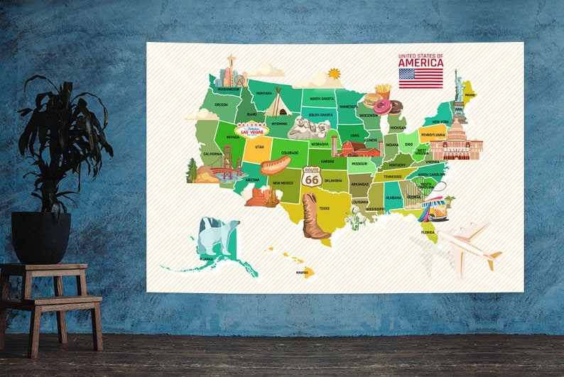 Tapestry United States of America Map with Landmark  Etsy