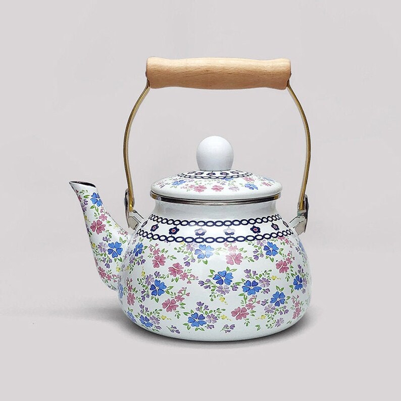 Kettle Retro Violet Floral Tea Kettle with Wooden Handle for image 0