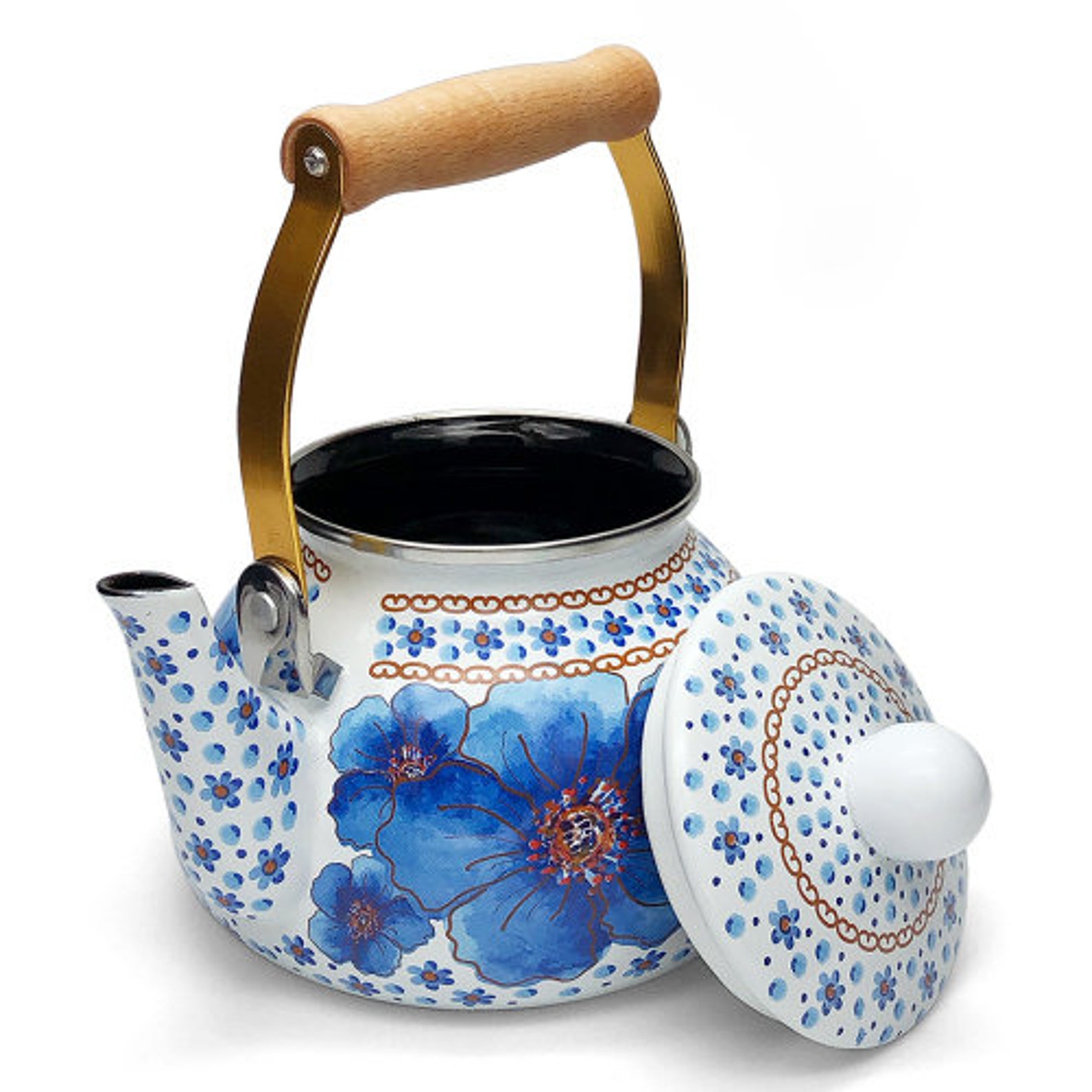 Kettle Retro Hibiscus Blue Tea Kettle with Wooden Handle for Etsy