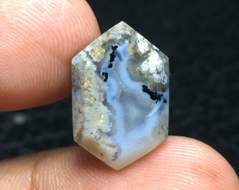 Könnte beinhalten: Ein sechseckiger, hellblauer Achat-Cabochon mit weißen und schwarzen dendritischen Mustern. Der Stein hat eine glatte, polierte Oberfläche.