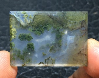 Può includere: Una pietra preziosa di agata muschiata rettangolare con un motivo a paesaggio. La pietra presenta inclusioni verdi, marroni e bianche, che ricordano una scena di foresta in miniatura. La superficie lucida è tenuta tra le dita.