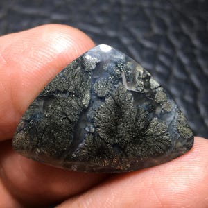 May include: A triangular-shaped polished gemstone featuring a translucent gray base with intricate, dark metallic, fern-like dendritic inclusions that spread across the surface in a branching pattern, creating a natural and detailed visual texture.