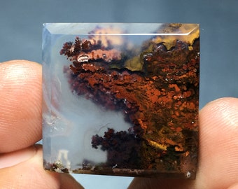 May include: A square, translucent, white agate with red, brown, and black dendritic patterns.