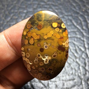 May include: Oval-shaped gemstone with a speckled pattern. The stone features a base of olive green and yellow, with brown and cream-colored spots and circular patterns. The polished surface reflects light, highlighting the natural variations in color and texture.