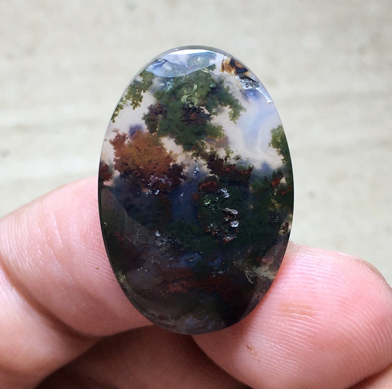 Scenic Moss Agate Cabochon 27x18x6 mm image 1