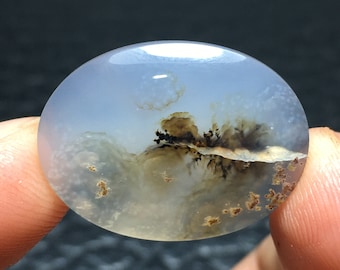 Könnte beinhalten: Ein hellblauer Achat-Cabochon mit braunen und schwarzen dendritischen Mustern. Der Achat hat eine trübe, durchscheinende Optik.