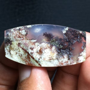 Könnte beinhalten: Ein polierter Achat-Cabochon mit einem einzigartigen Muster aus weißen, braunen und grünen Dendriten. Der Stein hat eine durchscheinende Optik und eine glatte, polierte Oberfläche.