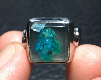 Superbe bague en calcédoine chrysocolle et nuages - Beauté rare de pierres précieuses indonésiennes - Diamètre de la bague : 7 US