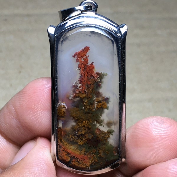 Handcrafted Natural Scenic Moss Agate Cabochon Wrapped in Monel Metal : Java Island Tree-Inspired Pendant