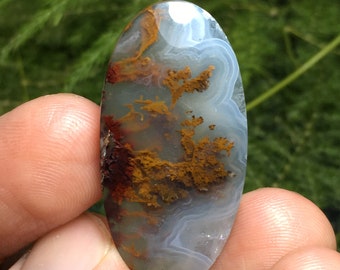 May include: A polished oval cabochon of agate with a white, gray, and brown color pattern. The agate has a swirling, dendritic pattern with hints of red.