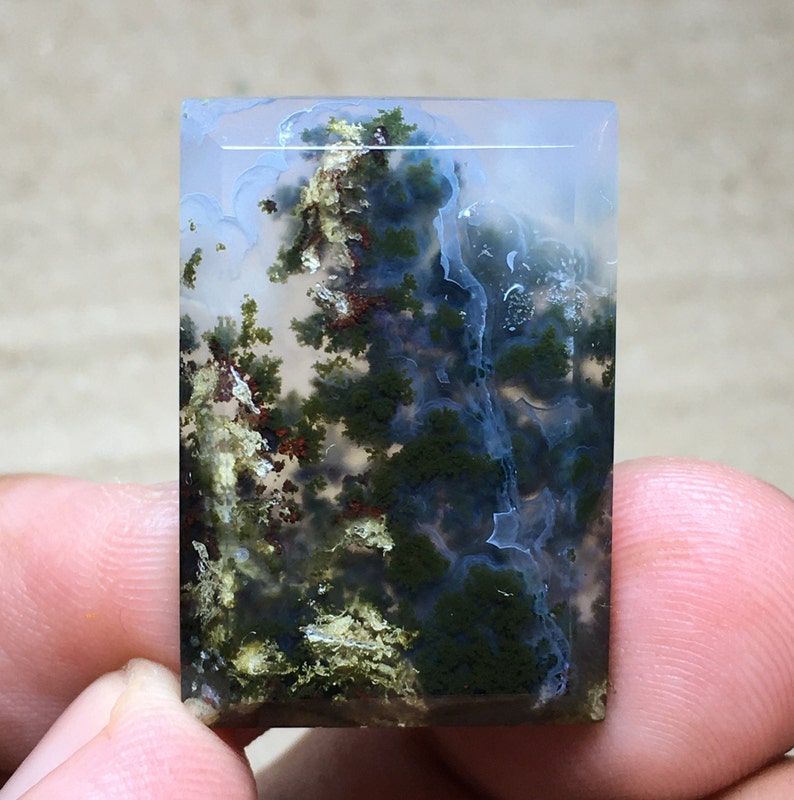 Scenic Green Moss Agate Cabochon 30x21x6 mm image 1