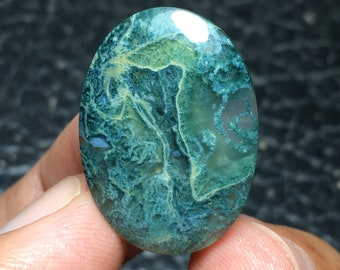 Bluish Green Moss Agate Cabochon, Size 26x18x5 mm