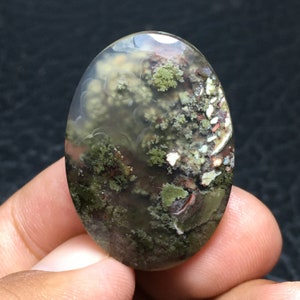 Scenic Moss Agate Cabochon 32x22x6 mm image 1