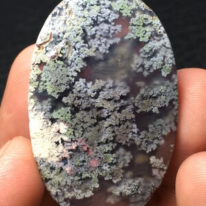 May include: A translucent oval-shaped agate cabochon with a dendritic pattern in shades of green, gray, and white. The agate has a natural, organic look.