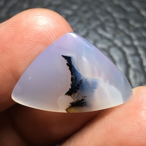 May include: A triangular-shaped, translucent cabochon gemstone with a smooth, polished surface. The stone features a pale, milky lavender hue with a distinct, dark, fern-like dendritic inclusion branching upward from the bottom center.