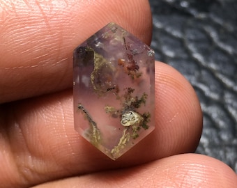 Peut inclure: Cristal hexagonal translucide de couleur violet pâle. Le cristal présente des inclusions internes vertes, brunes et noires, ressemblant à des formations végétales. Le cristal est tenu entre les doigts.