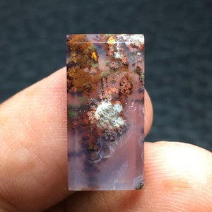 May include: A translucent, rectangular, agate gemstone with a variety of brown, white, and gray dendritic patterns.