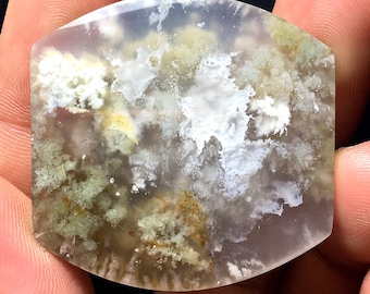 May include: A translucent, light gray agate cabochon with white and green dendritic patterns. The stone has a smooth, polished surface.