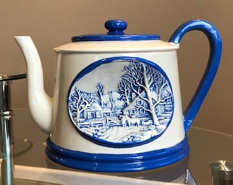 Vintage Teekanne - Vintage Deckel Teekanne - Hershey Formen 1980 Deckeldose beige weiß und blau Teekanne Kessel Keramik - Vintage Keramik Teekanne