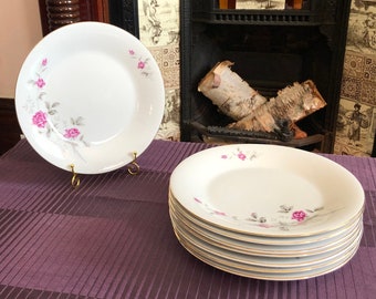 Pratos de jantar vintage - Pratos de jantar vintage - Rosas rosa vintage de meados do século - Conjunto de 8 pratos de jantar vintage - Pratos de porcelana vintage