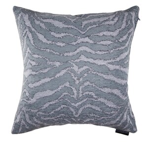 May include: Square cushion featuring a textured, wave-like pattern in shades of blue and grey. The cushion has a zip closure and a small black tag. The design resembles a zebra print.