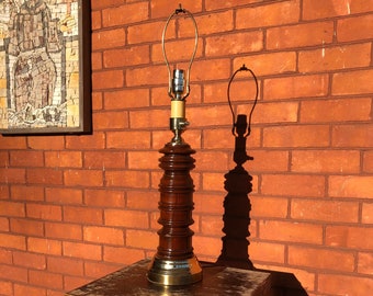 Vintage Lamp - Vintage Wood Lamp - Vintage Wooden Lamp - Heavy Weight Brass and Nice Dark Grain Wooden Table Lamp - Dark Wood Vintage Lamp