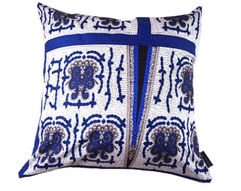 Pillow Cover - 22x22 Pillow Cover - African Pillow Cover Blue and White Pillow Cover -Pillow with African Print  African Print Pillow Cover