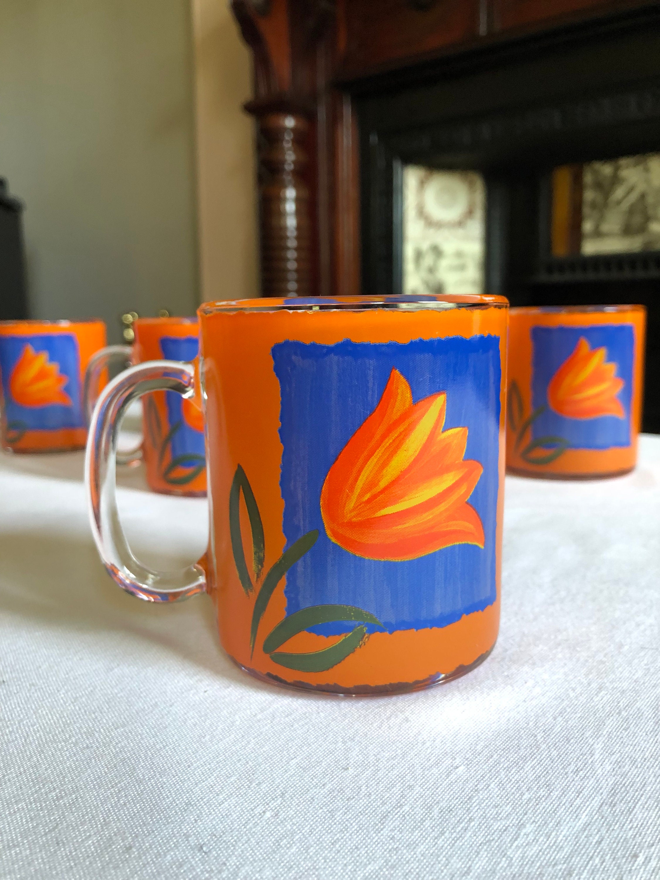 Vintage Mugs Clear Glass Mugs Glass Mugs Orange and Blue Etsy UK
