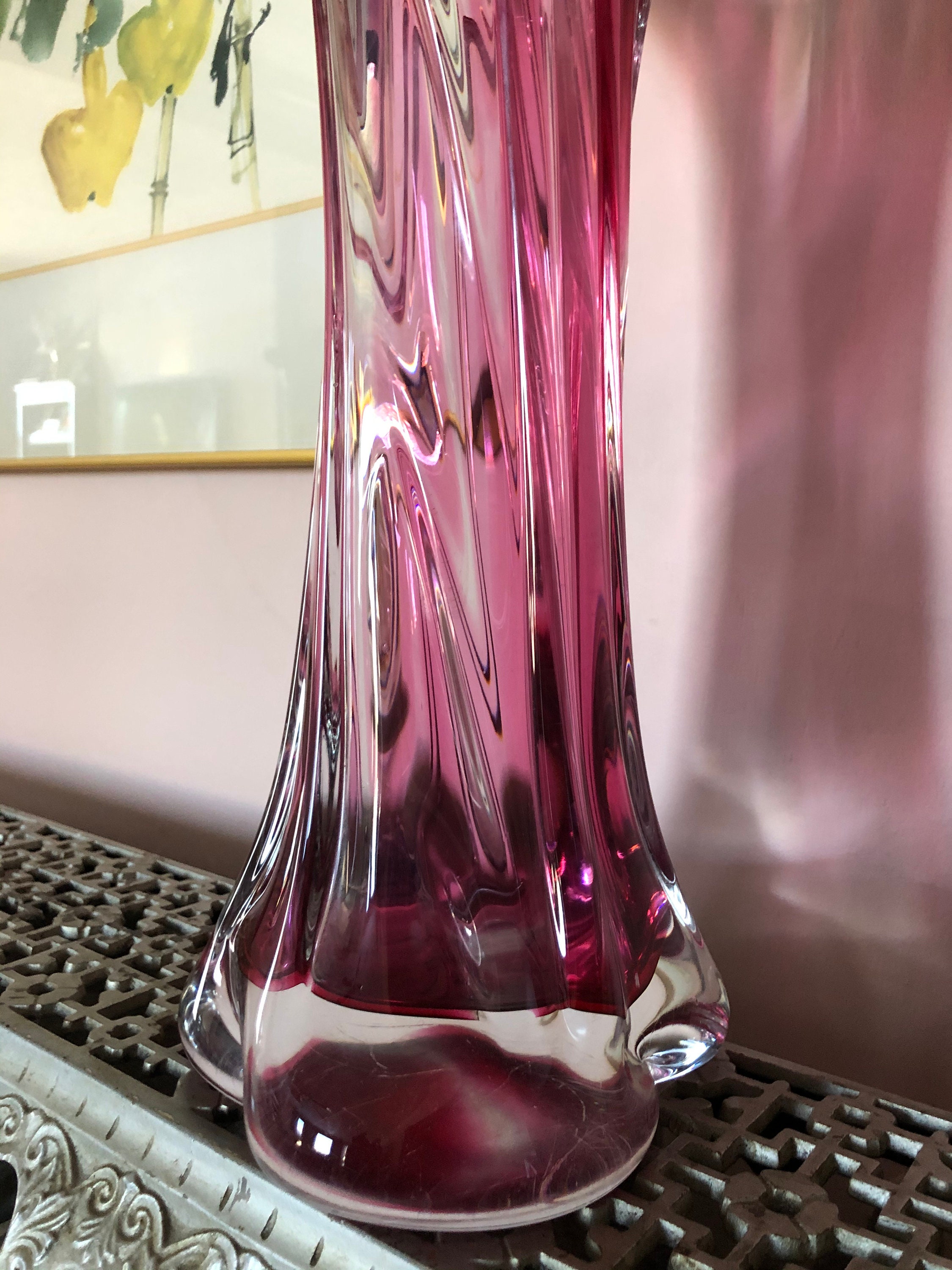 Vintage Vase Pink Vase Pink Tall Vase Pink Heavy Amethyst Crystal Vase