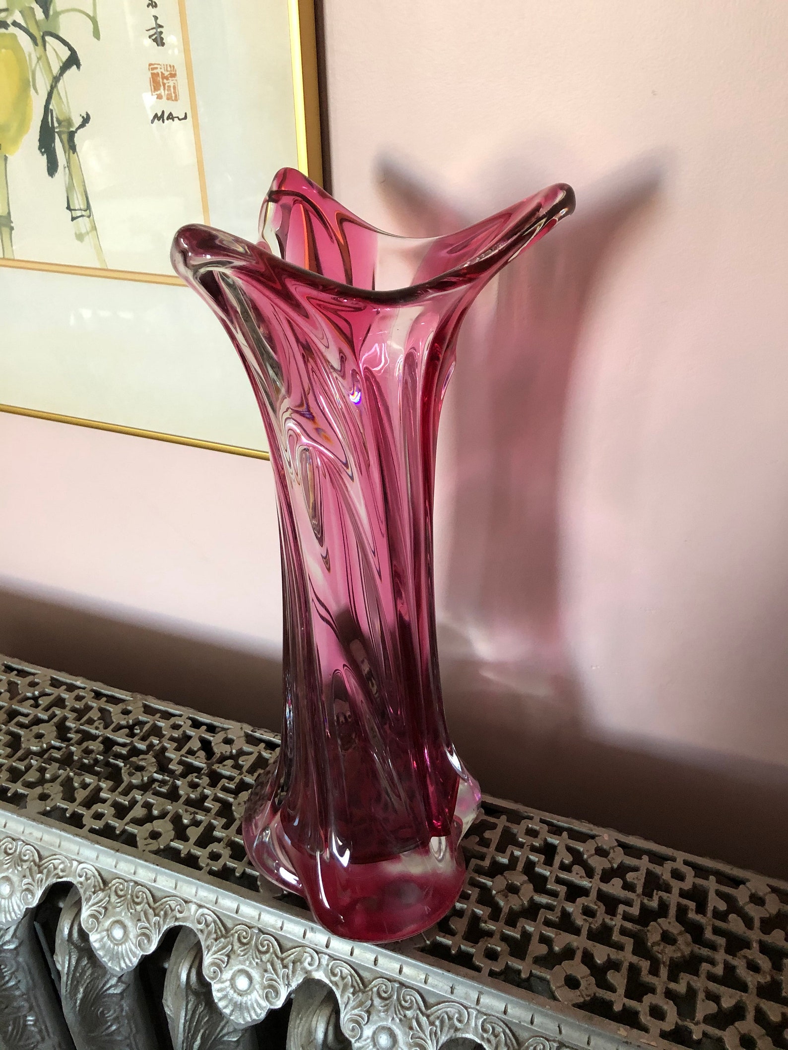 Vintage Vase Pink Vase Pink Tall Vase Pink Heavy Amethyst Crystal Vase