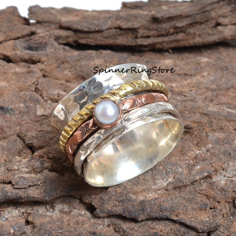 925 Sterling Silver Handmade Ring Worry Ring Spinner Ring Women Ring Gift For Her Pearl Ring Promised Ring Meditation Ring