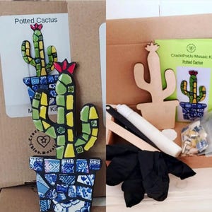 May include: A mosaic kit for a potted cactus. The finished cactus is green and yellow with a red flower, set in a blue and white patterned pot. The kit includes a wooden cactus shape, tiles, glue, and gloves. The box reads "Potted Cactus".